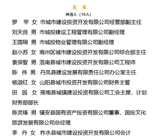 商洛市“最美城投人”候选人及提名奖名单公示